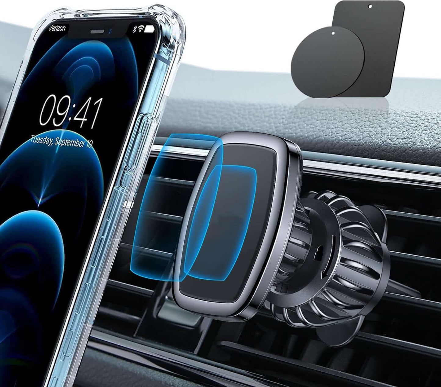 Magnetic phone car vent mount securely holding a smartphone with a powerful magnet and AC vent attachment.
