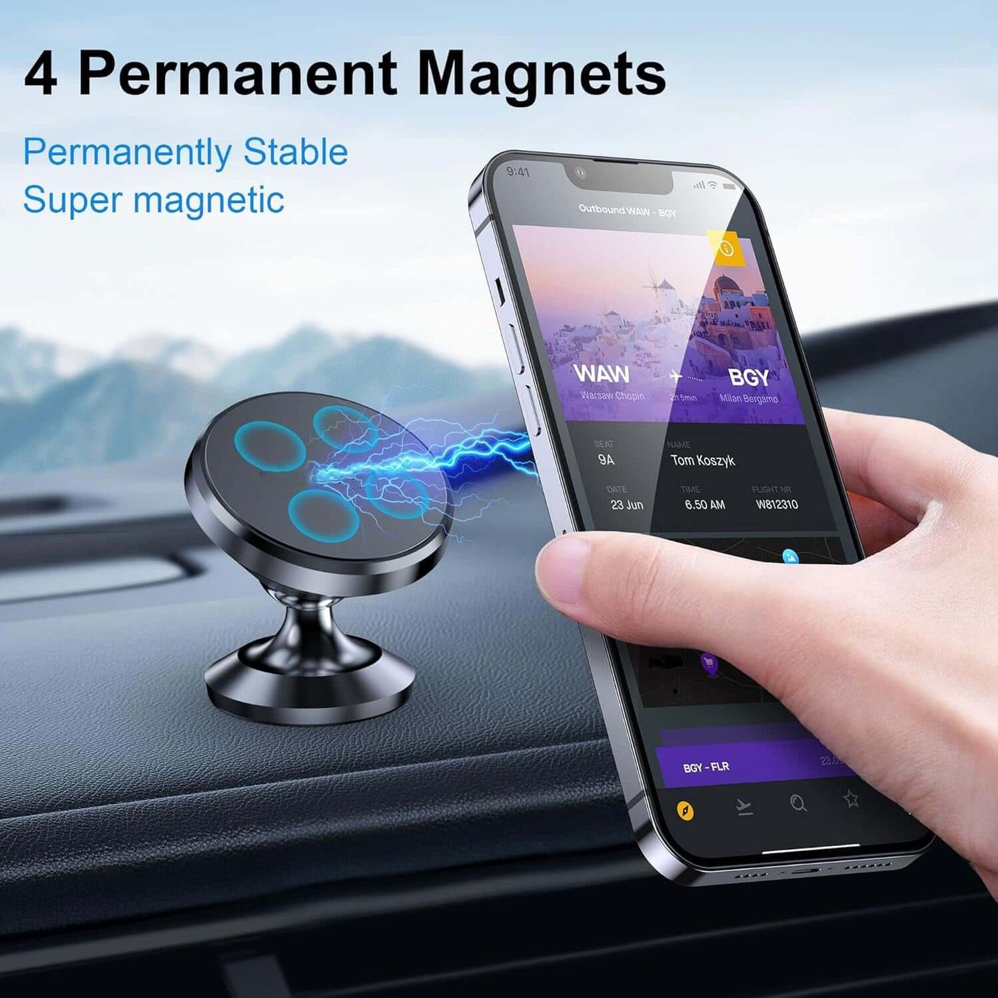Universal Magnetic Car Phone Holder - Dash Mount with Strong Magnet & 4 Plates for All Cell Phones