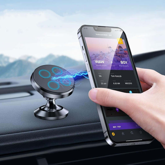 Universal Magnetic Car Phone Holder with strong magnet, securely gripping phone for safe driving and easy access.
