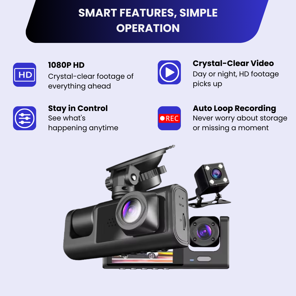 Dash Cam Front and Rear Inside, 1080P FHD Three Channels Dash Camera for Cars, WDR, G Sensor, Loop Recording, Parking Monitor, 24 Hours Recording