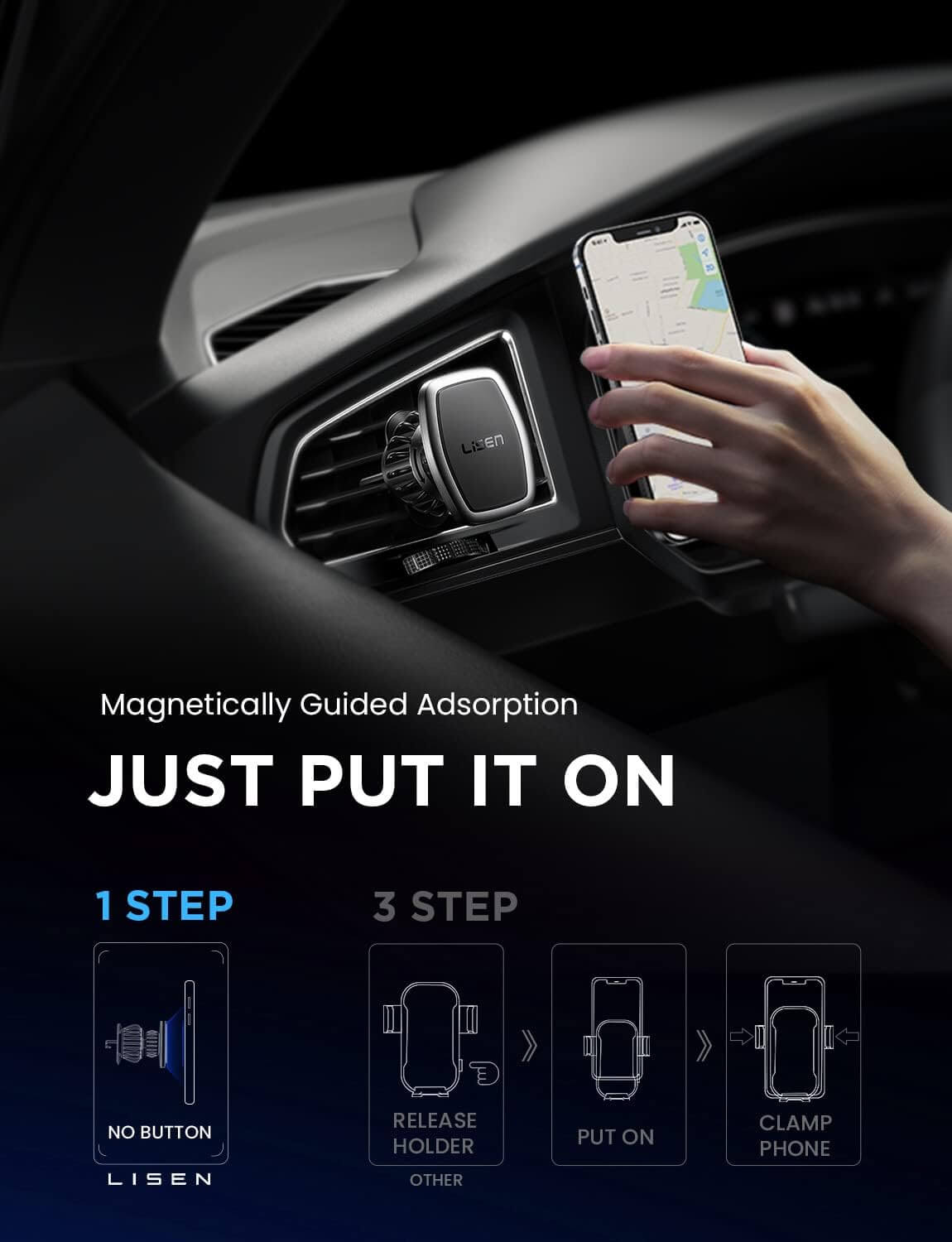 Magnetic phone car vent mount in use, demonstrating easy installation and secure grip for smartphones.
