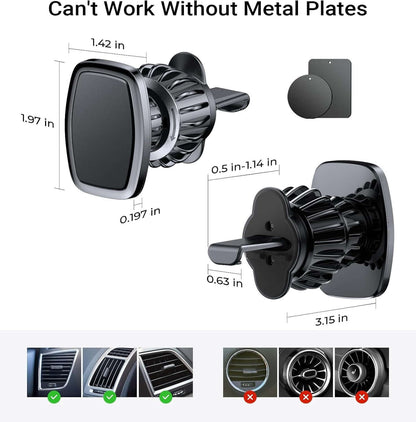 Magnetic phone car vent mount components, highlighting size and design, featuring metal plates for strong grip.