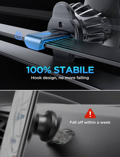 Close-up of magnetic car vent mount highlighting stable hook design for secure phone holding, ensuring no falls.