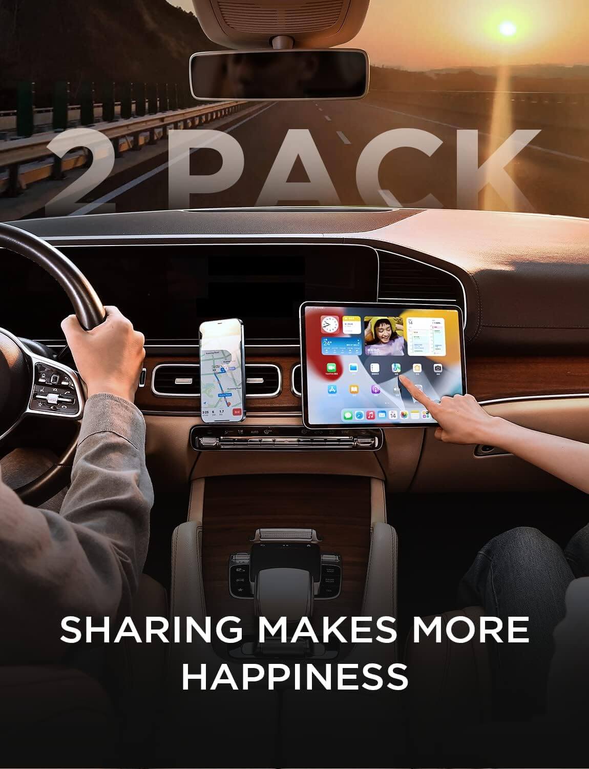 Two-pack phone car vent mount in a car, highlighting sharing and convenience for devices.