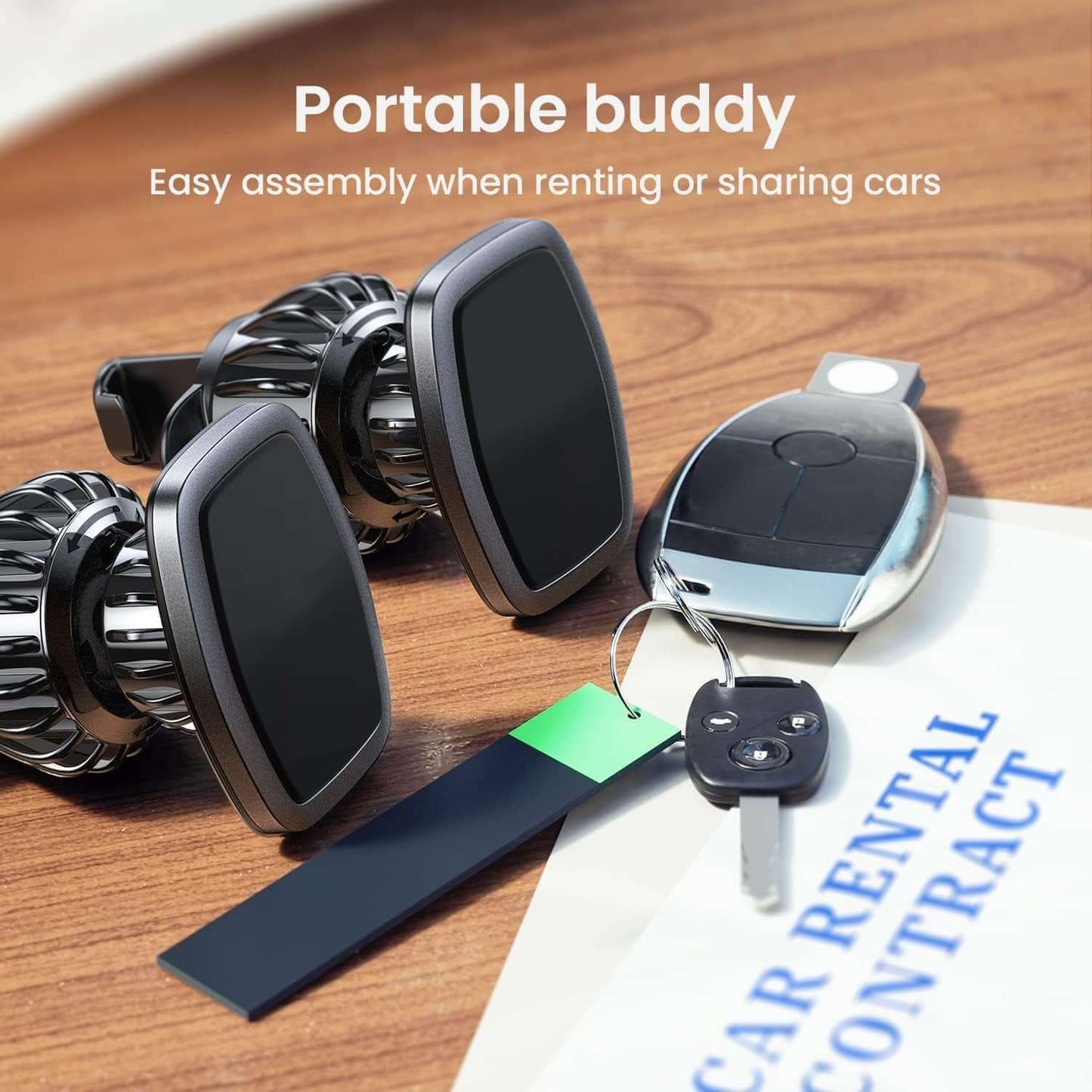 Portable phone mount for easy car rental assembly with key fob and rental contract.