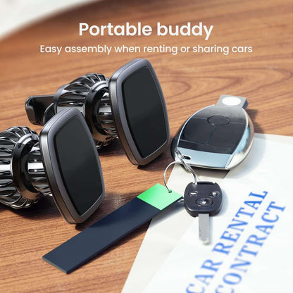 Portable phone mount for easy car rental assembly with key fob and rental contract.