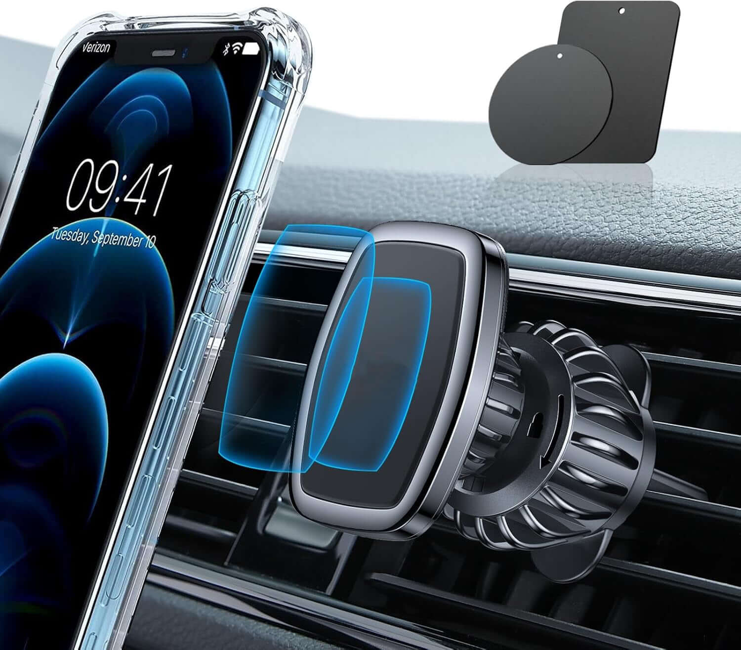 Magnetic phone car vent mount securely holding a smartphone with a powerful magnet and AC vent attachment.