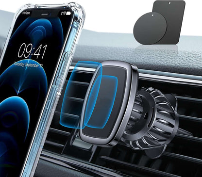Magnetic phone car vent mount securely holding a smartphone with a powerful magnet and AC vent attachment.