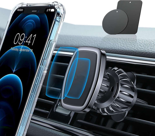 Magnetic phone car vent mount securely holding a smartphone with a powerful magnet and AC vent attachment.